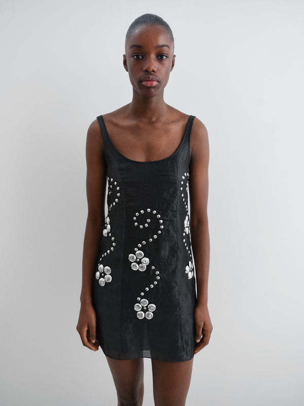 Gimaguas Claude Studs Dress Black Sleeveless Mini Dress For Women With Floral Studs