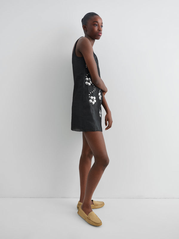 Gimaguas Claude Studs Dress Black Sleeveless Mini Dress For Women With Floral Studs