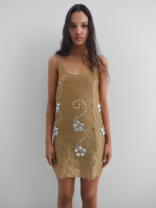 Gimaguas Claude Studs Dress Gold Sleeveless Mini Dress For Women With Floral Studs