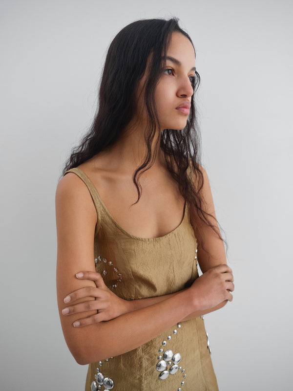 Gimaguas Claude Studs Dress Gold Sleeveless Mini Dress For Women With Floral Studs