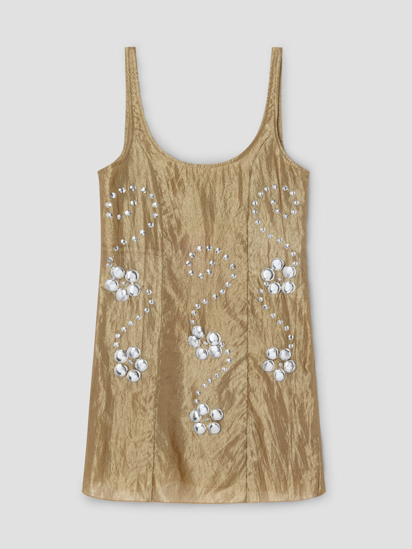 gimaguas Claude Studs Dress Gold sleeveless mini dress for women with floral studs