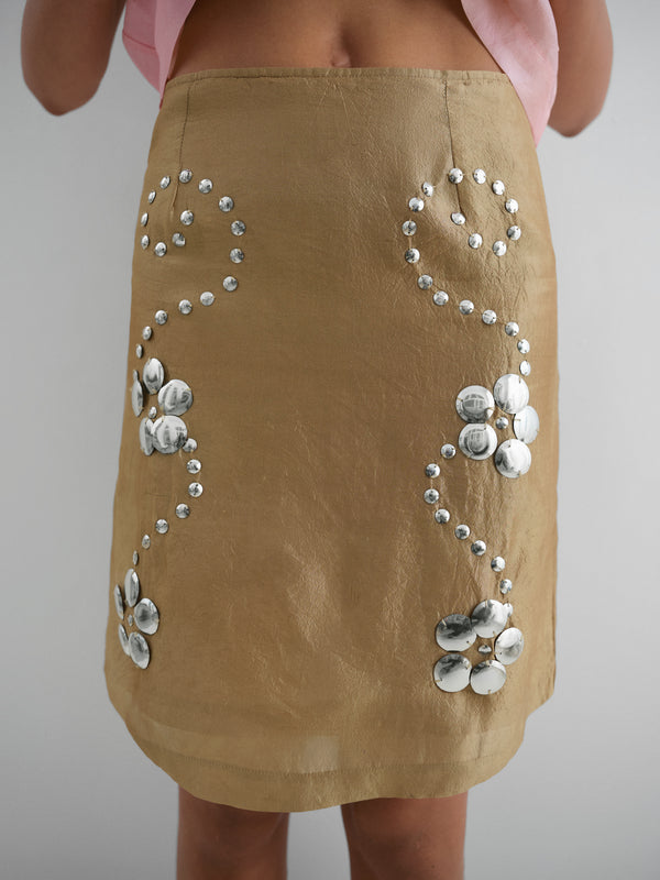 Gimaguas Claude Studs Skirt Golden Embellished Mini Skirt For Women With Silver Studs