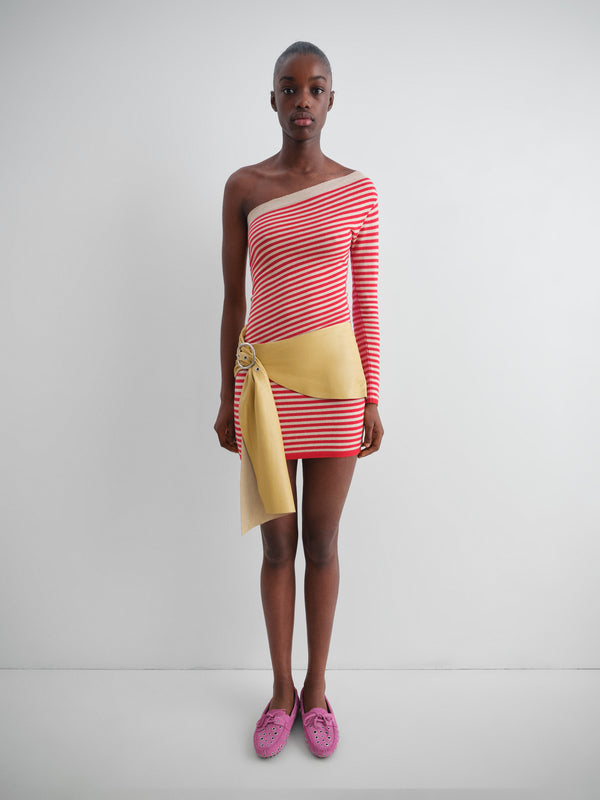 Gimaguas Diana Long Sleeve Top Striped One-shoulder Knit Top For Women In Red Pink And Beige