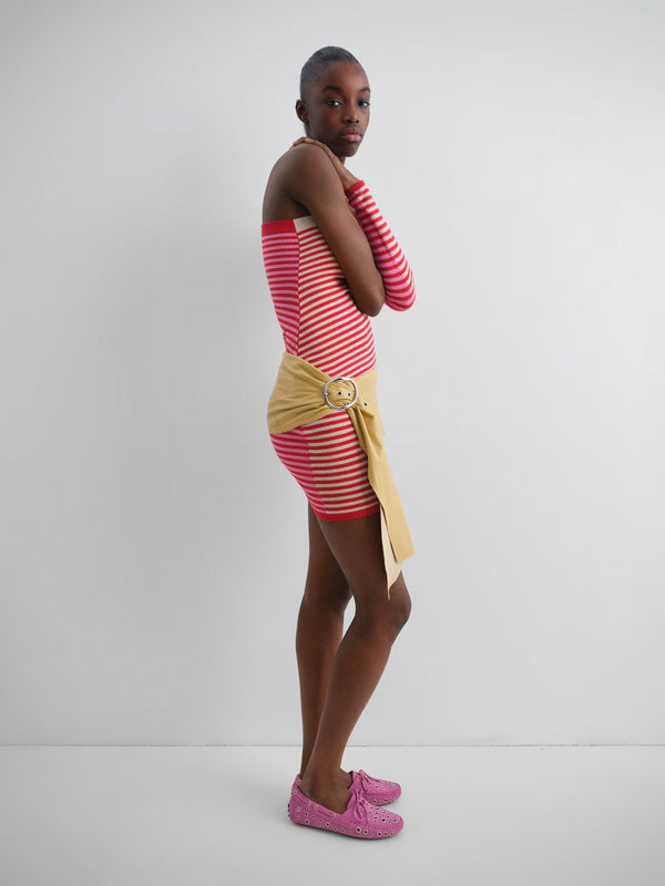 Gimaguas Diana Long Sleeve Top Striped One-shoulder Knit Top For Women In Red Pink And Beige