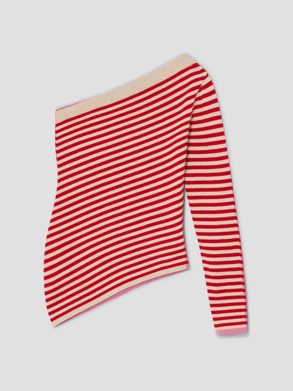 gimaguas Diana Long Sleeve Top Striped one-shoulder knit top for women in red pink and beige
