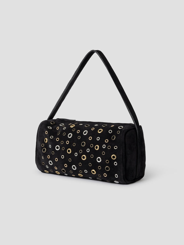 Gimaguas Estuche Bag Black Suede Mini Baguette Bag For Women With Silver Eyelets