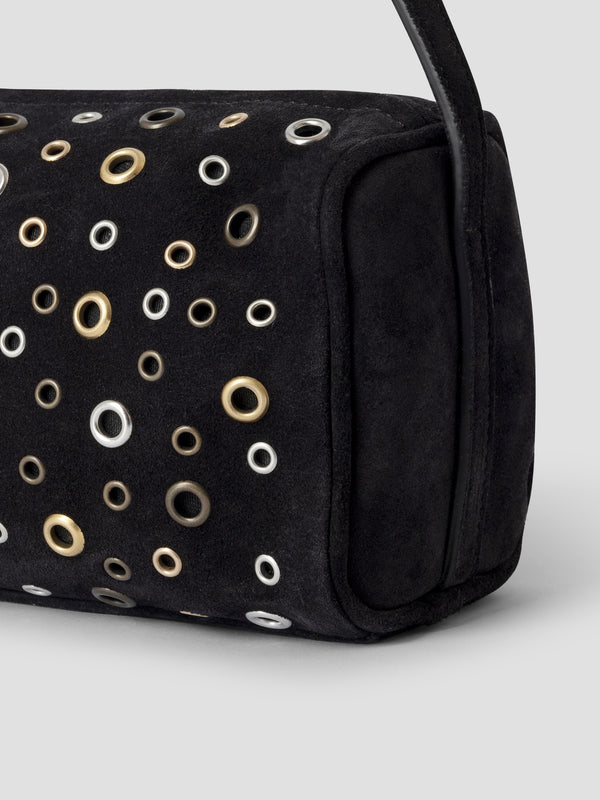 Gimaguas Estuche Bag Black Suede Mini Baguette Bag For Women With Silver Eyelets