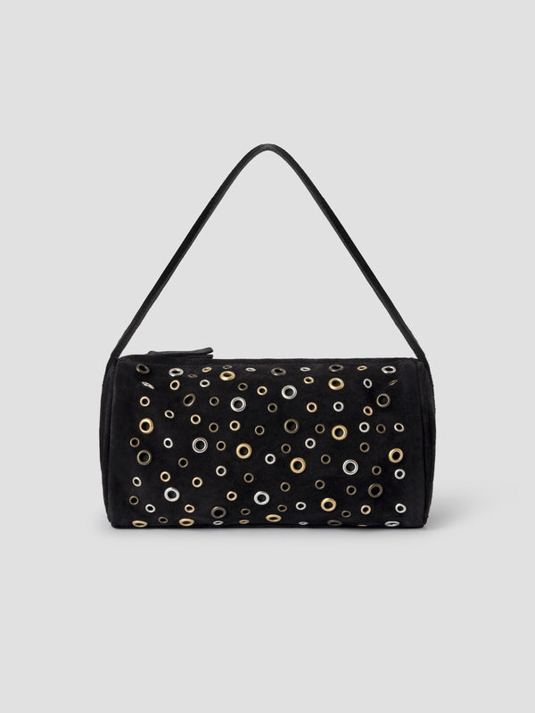 gimaguas Estuche Bag Black suede mini baguette bag for women with silver eyelets