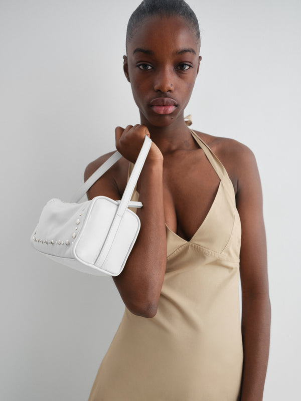 Gimaguas Estuche Bag White Leather Mini Baguette Bag For Women With Silver Studs