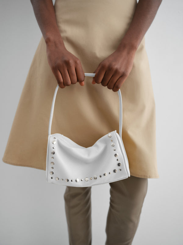 Gimaguas Estuche Bag White Leather Mini Baguette Bag For Women With Silver Studs