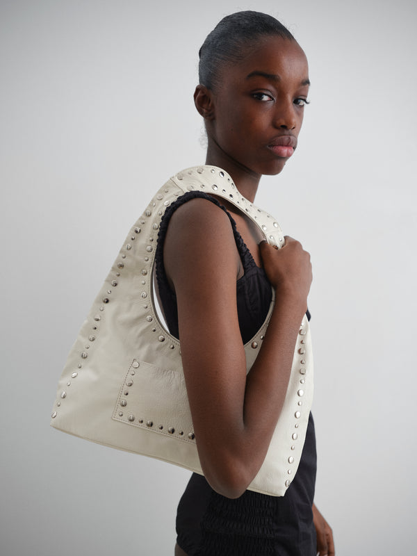 Gimaguas Franca Bag White Patent Leather Shoulder Bag For Women With Silver Studs