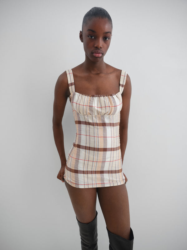 Gimaguas Jardin Body Beige Checkered Square-neck Bodysuit For Women