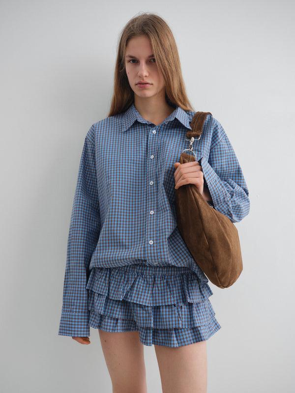 Gimaguas Jardin Shorts Blue Checkered Mini Skirt For Women With Built-in Shorts