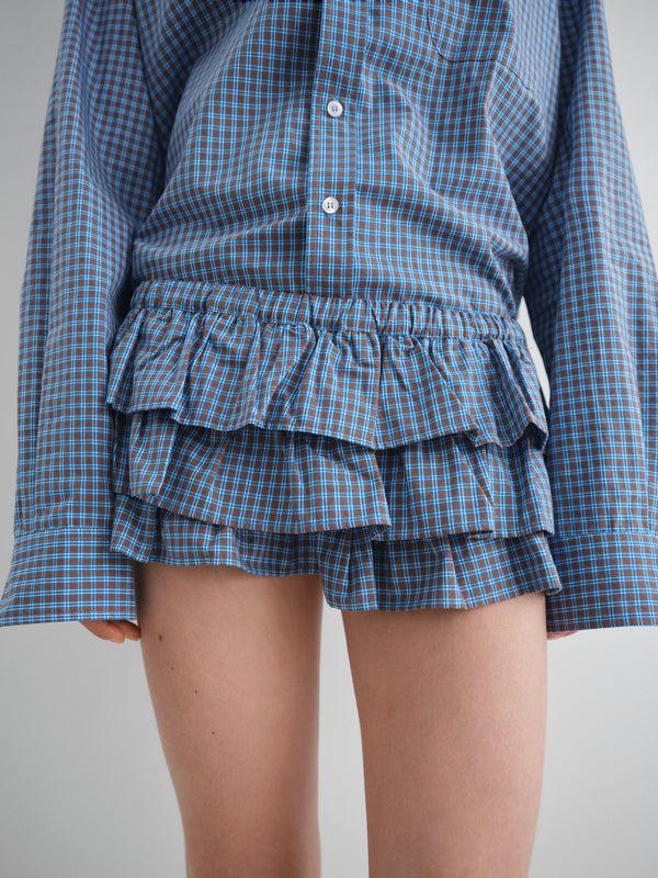 Gimaguas Jardin Shorts Blue Checkered Mini Skirt For Women With Built-in Shorts