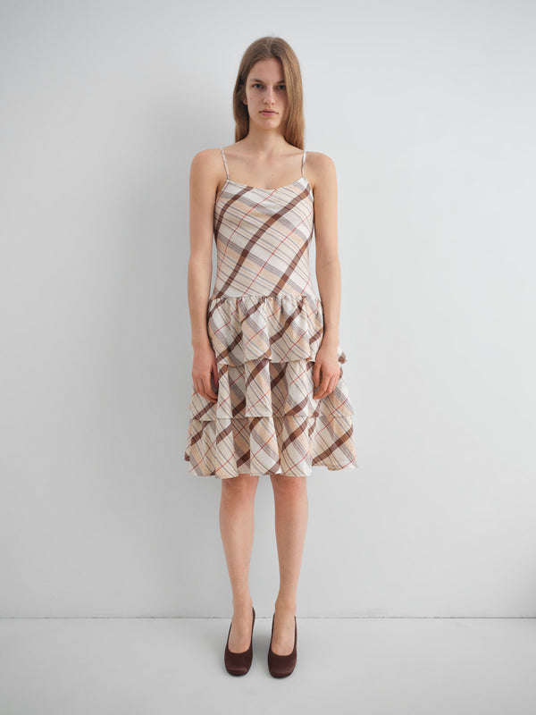 Gimaguas Joan Midi Dress Beige Checkered Midi Dress For Women With Tiered Ruffled Skirt