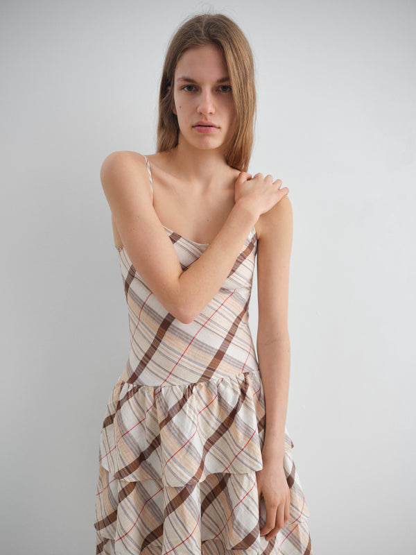 Gimaguas Joan Midi Dress Beige Checkered Midi Dress For Women With Tiered Ruffled Skirt
