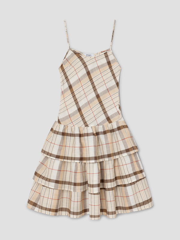 gimaguas Joan Midi Dress Beige checkered midi dress for women with tiered ruffled skirt