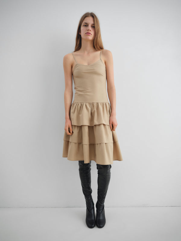Gimaguas Joan Midi Dress Beige Midi Dress For Women With Fitted Top And Ruffled Skirt