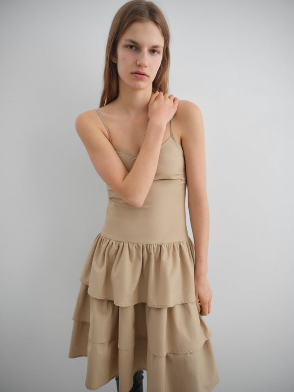 Gimaguas Joan Midi Dress Beige Midi Dress For Women With Fitted Top And Ruffled Skirt