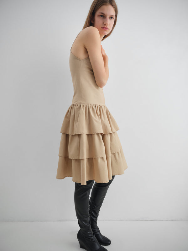 Gimaguas Joan Midi Dress Beige Midi Dress For Women With Fitted Top And Ruffled Skirt