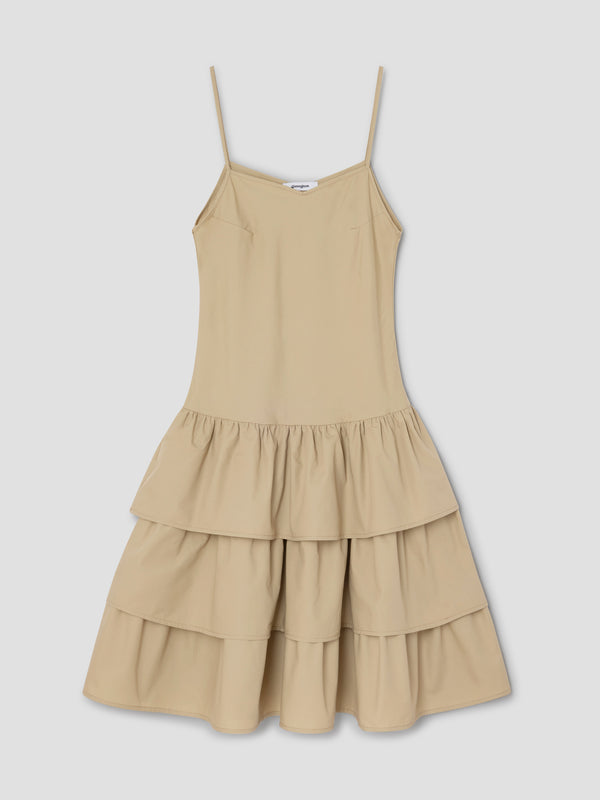 gimaguas Joan Midi Dress Beige midi dress for women with fitted top and ruffled skirt