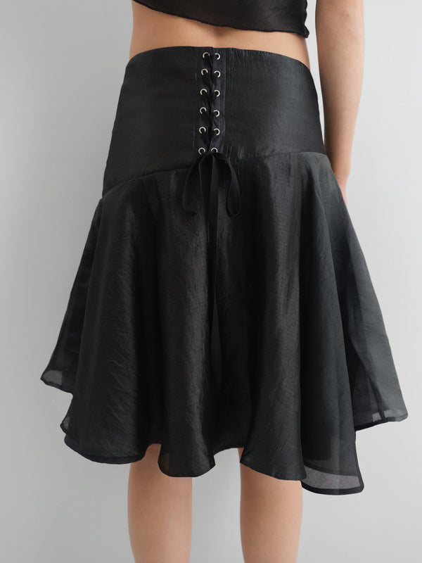 Gimaguas Justine Skirt Black Silk Midi Skirt For Women With Corset-tie Back