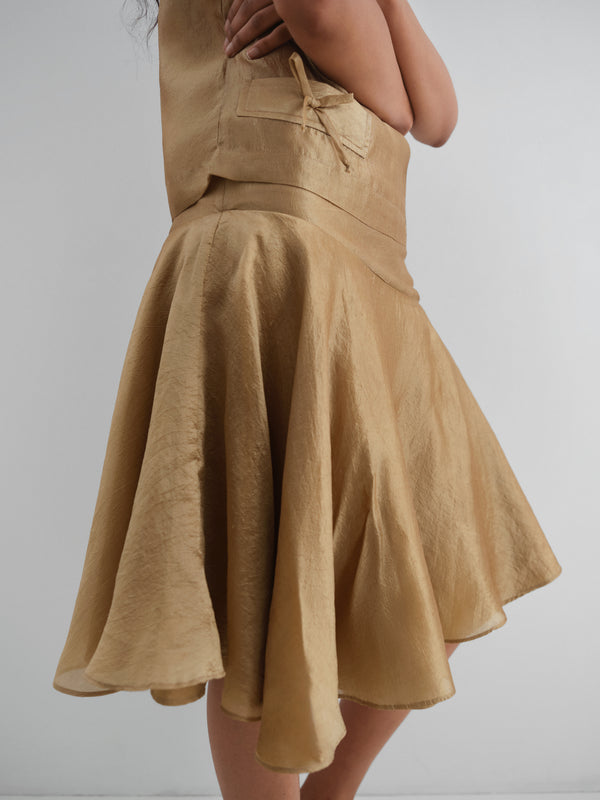 Gimaguas Justine Skirt Golden Silk Midi Skirt For Women With Corset-tie Back