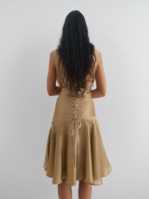 Gimaguas Justine Skirt Golden Silk Midi Skirt For Women With Corset-tie Back