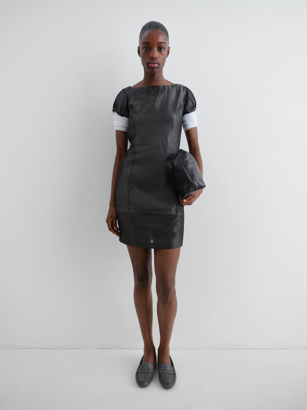 Gimaguas Raer Dress Black Crinkled Mini Dress For Women With Puff Sleeves