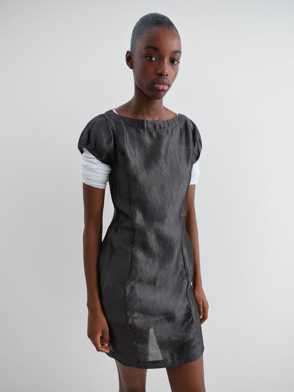 Gimaguas Raer Dress Black Crinkled Mini Dress For Women With Puff Sleeves