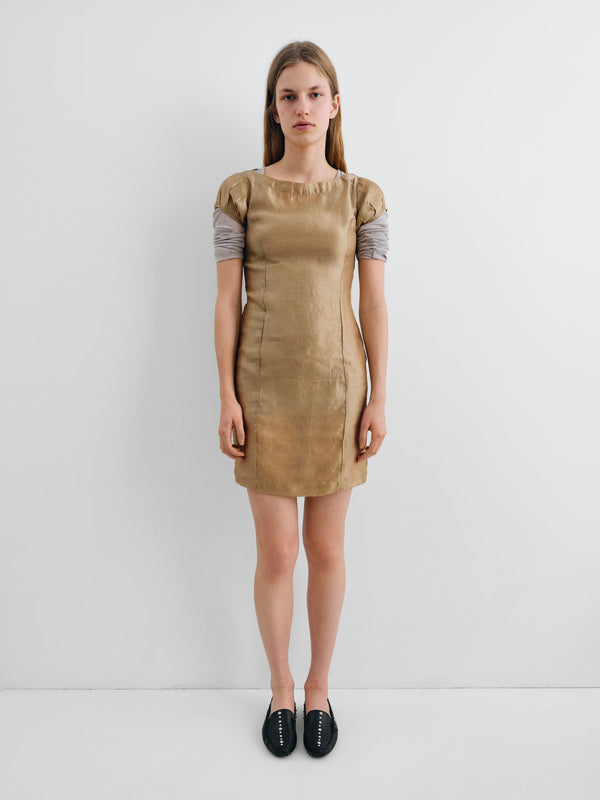 Gimaguas Raer Dress Gold Crinkled Mini Dress For Women With Puff Sleeves