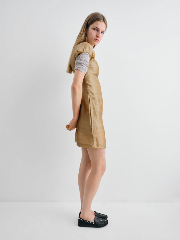 Gimaguas Raer Dress Gold Crinkled Mini Dress For Women With Puff Sleeves