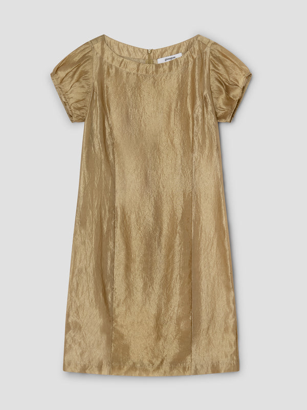 gimaguas Raer Dress Gold crinkled mini dress for women with puff sleeves