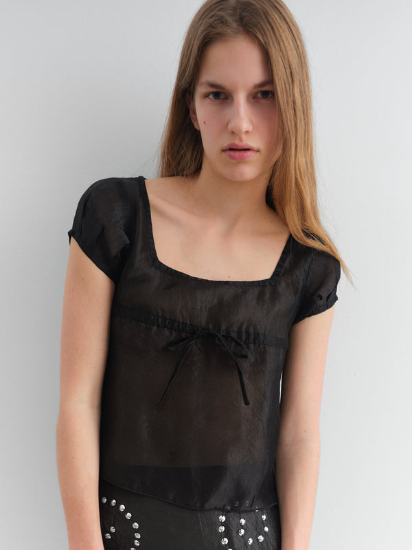 Gimaguas Raer Top Black Silk Top For Women With Square Neckline And Ruched Detail