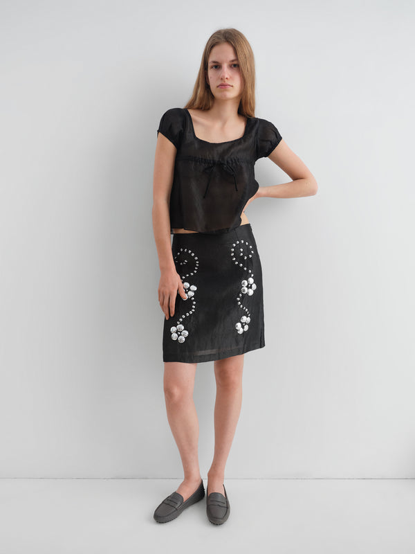 Gimaguas Raer Top Black Silk Top For Women With Square Neckline And Ruched Detail