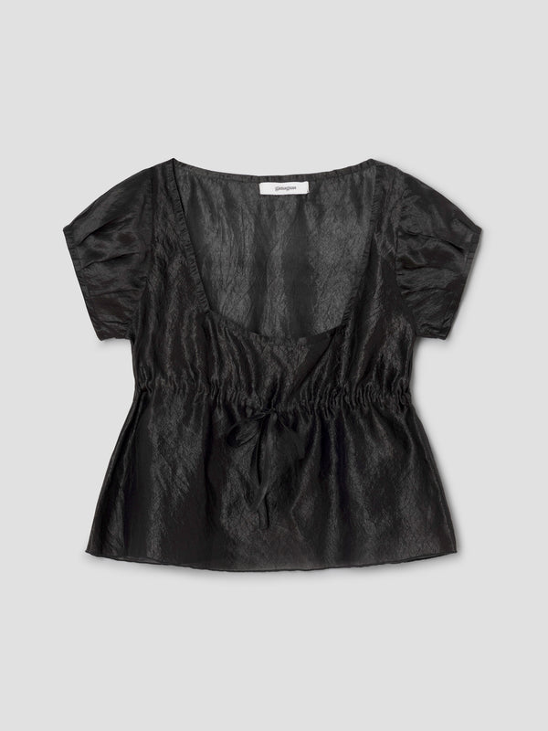 gimaguas Raer Top Black silk top for women with square neckline and ruched detail