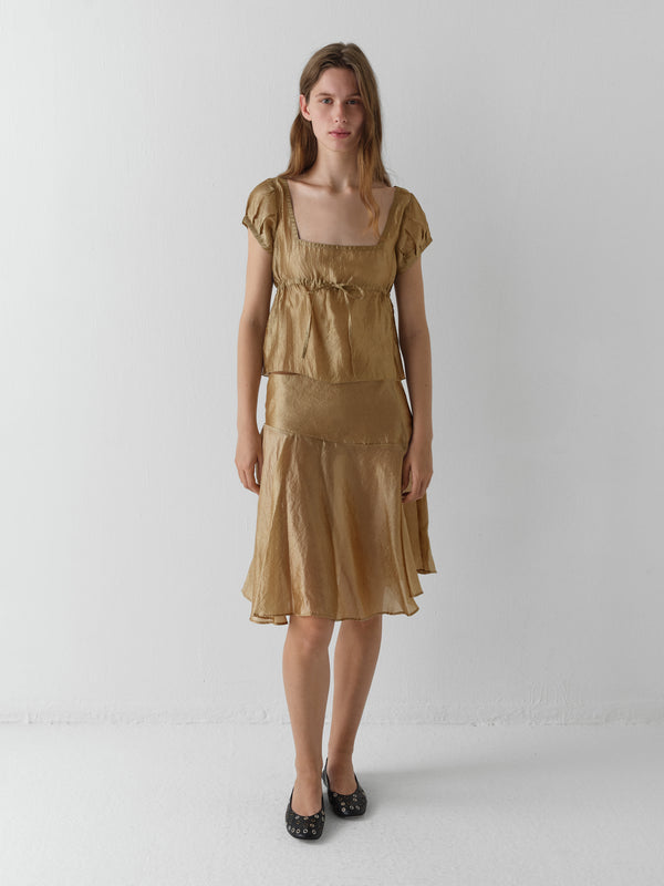 Gimaguas Raer Top Gold Silk Top For Women With Square Neckline And Ruched Detail