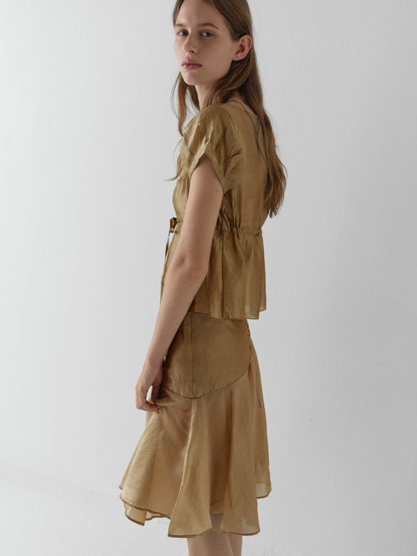 Gimaguas Raer Top Gold Silk Top For Women With Square Neckline And Ruched Detail