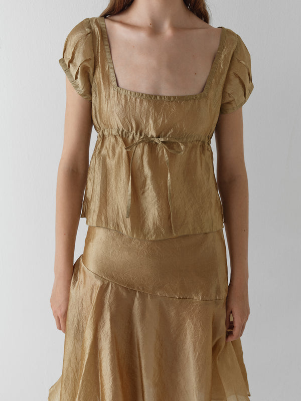 Gimaguas Raer Top Gold Silk Top For Women With Square Neckline And Ruched Detail