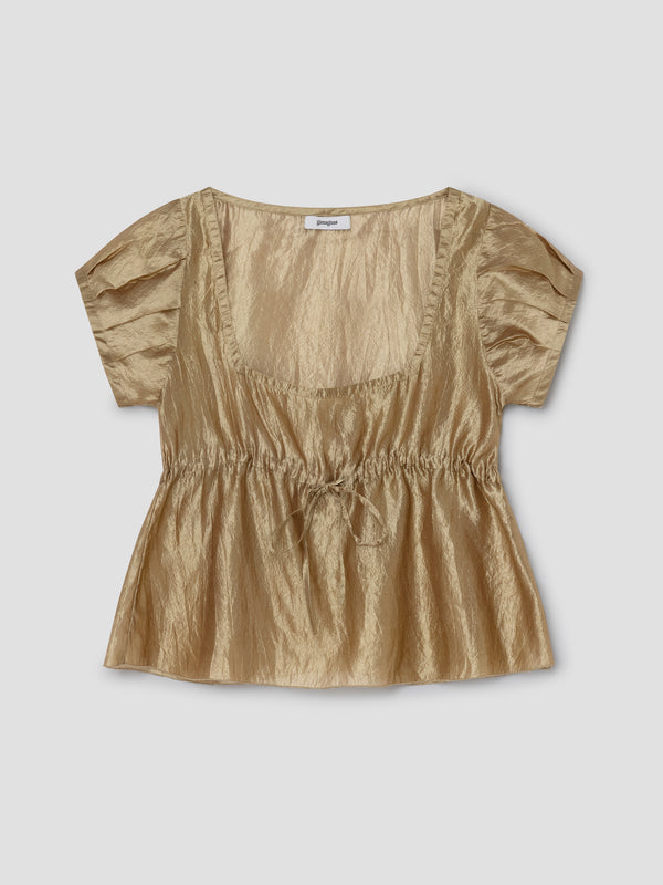 gimaguas Raer Top Gold silk top for women with square neckline and ruched detail