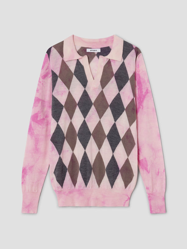 gimaguas Rory Polo Pink tie-dye wool polo for women with diamond pattern