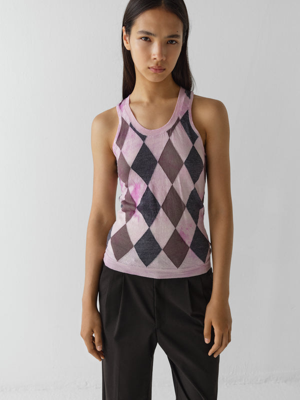 gimaguas Rory Top Pink wool tank top with tie-dye diamond print