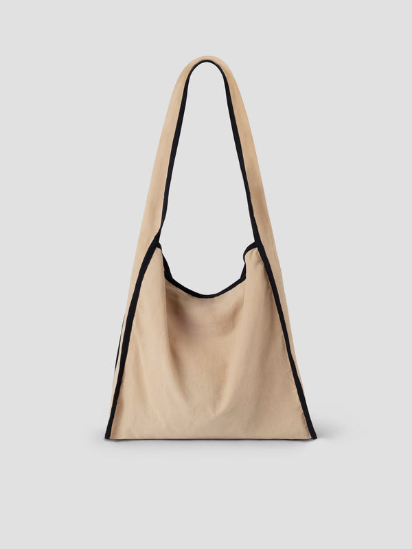 Gimaguas Shopping Bag Foldable Beige Canvas Shoulder Bag For Women With Black Trim