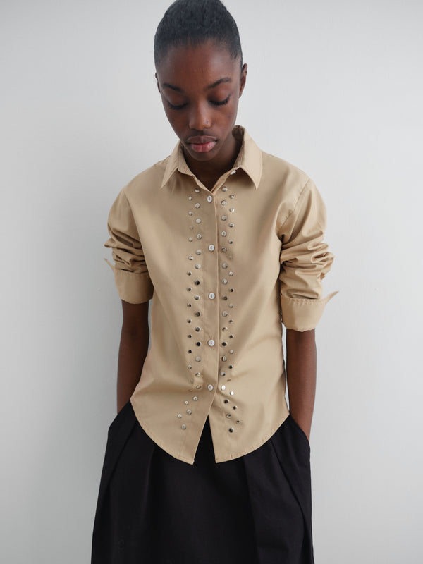 gimaguas Sky Shirt Beige poplin shirt for women with silver studs