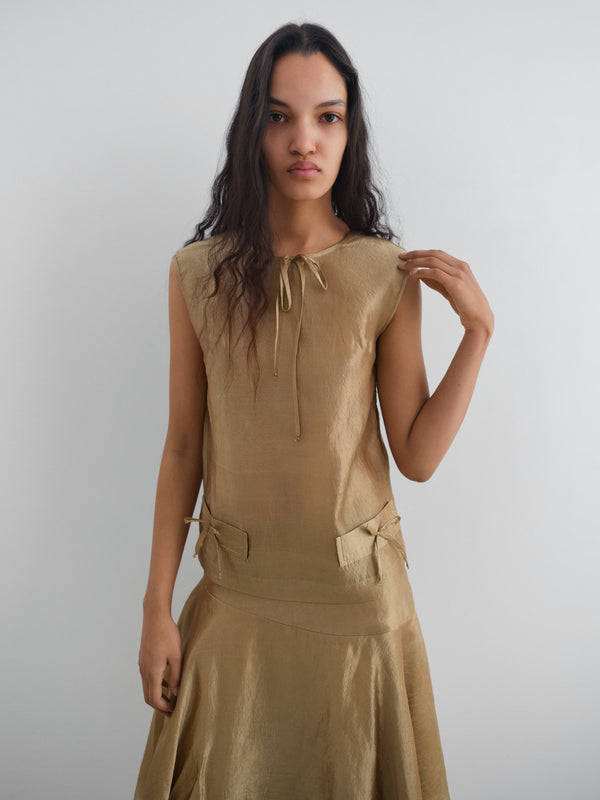 Gimaguas Twiggy Top Gold Crinkled Sleeveless Silk Top For Women With Ribbon Details