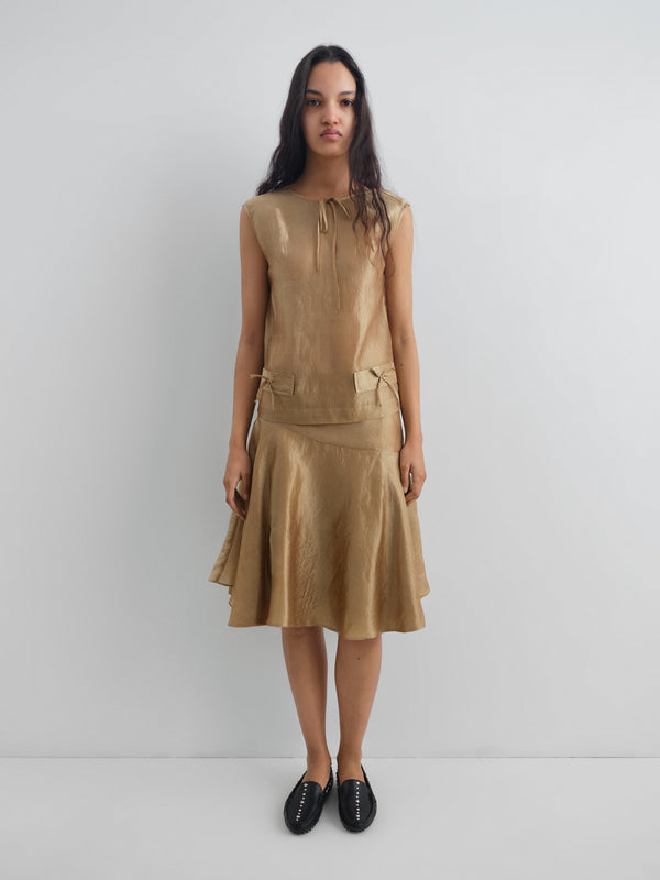 Gimaguas Twiggy Top Gold Crinkled Sleeveless Silk Top For Women With Ribbon Details