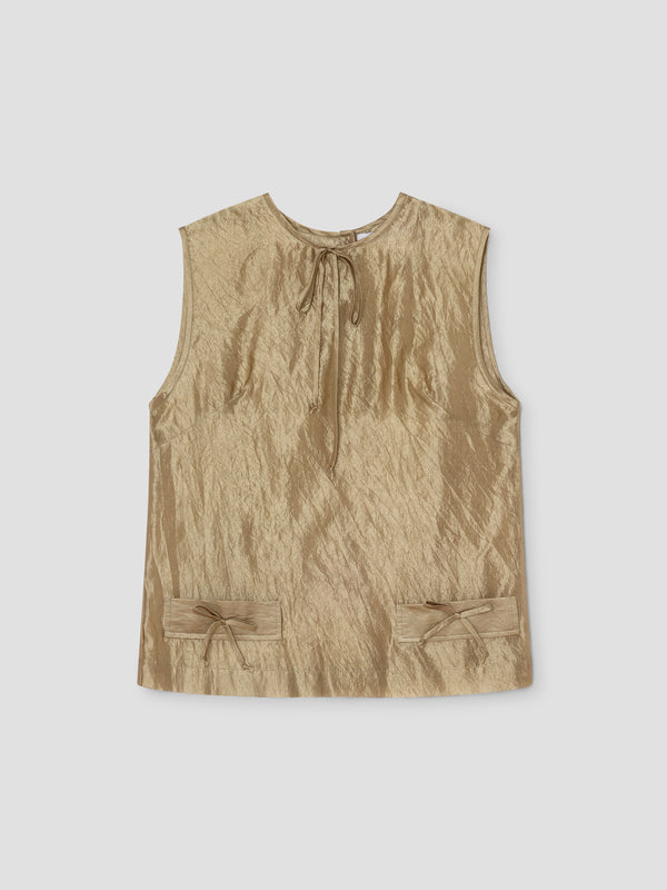 gimaguas Twiggy Top Gold crinkled sleeveless silk top for women with ribbon details