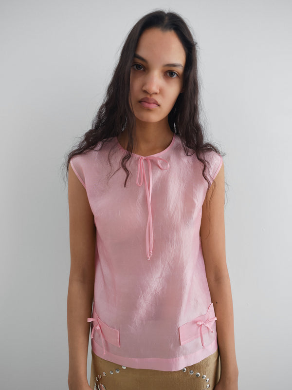 Gimaguas Twiggy Top Pink Crinkled Sleeveless Silk Top For Women With Ribbon Details