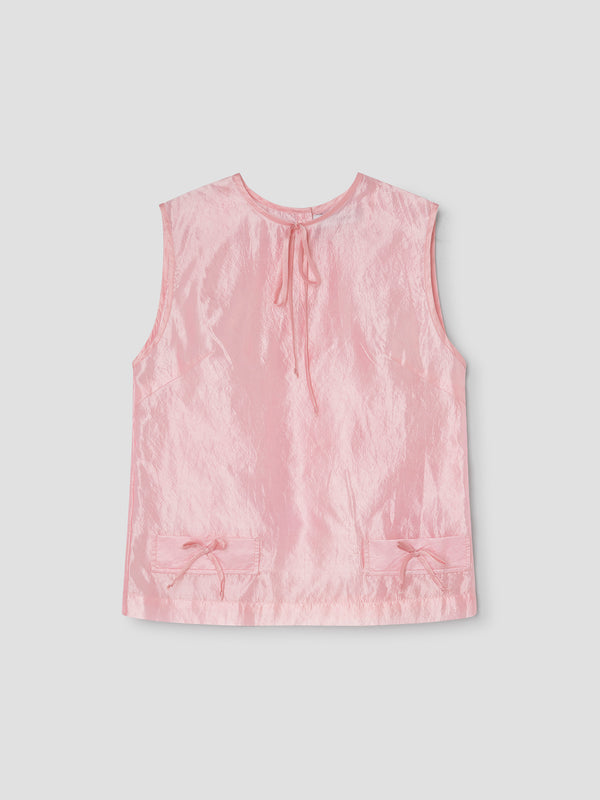 gimaguas Twiggy Top Pink crinkled sleeveless silk top for women with ribbon details