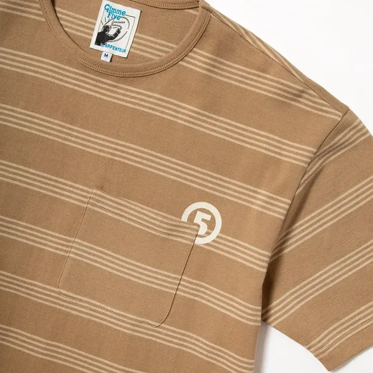 Gimme Five GIMME 5 X ARPENTEUR STRIPED POCKET TEE W/ 5 (BEIGE/WHITE)